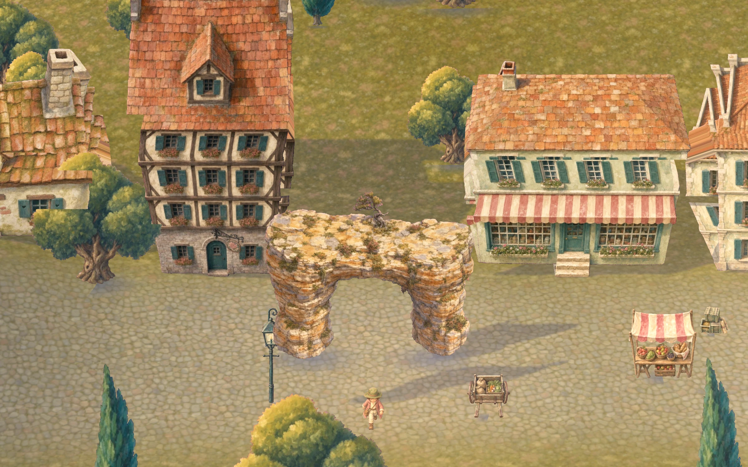 Backlot — a painted hillside town seen from one fixed high angle: a natural rock arch spanning a cobbled street between a timber-framed guild house and a shop with a striped awning