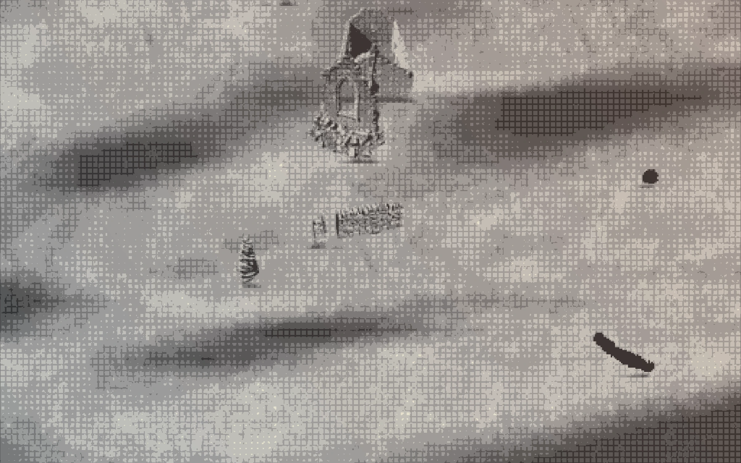 Bearer — a bleak moor printed as a halftone: the roofless ruin of a stone church with one arched window still standing, a length of dry stone wall, and a small hooded figure carrying a bundle across the pale ground below