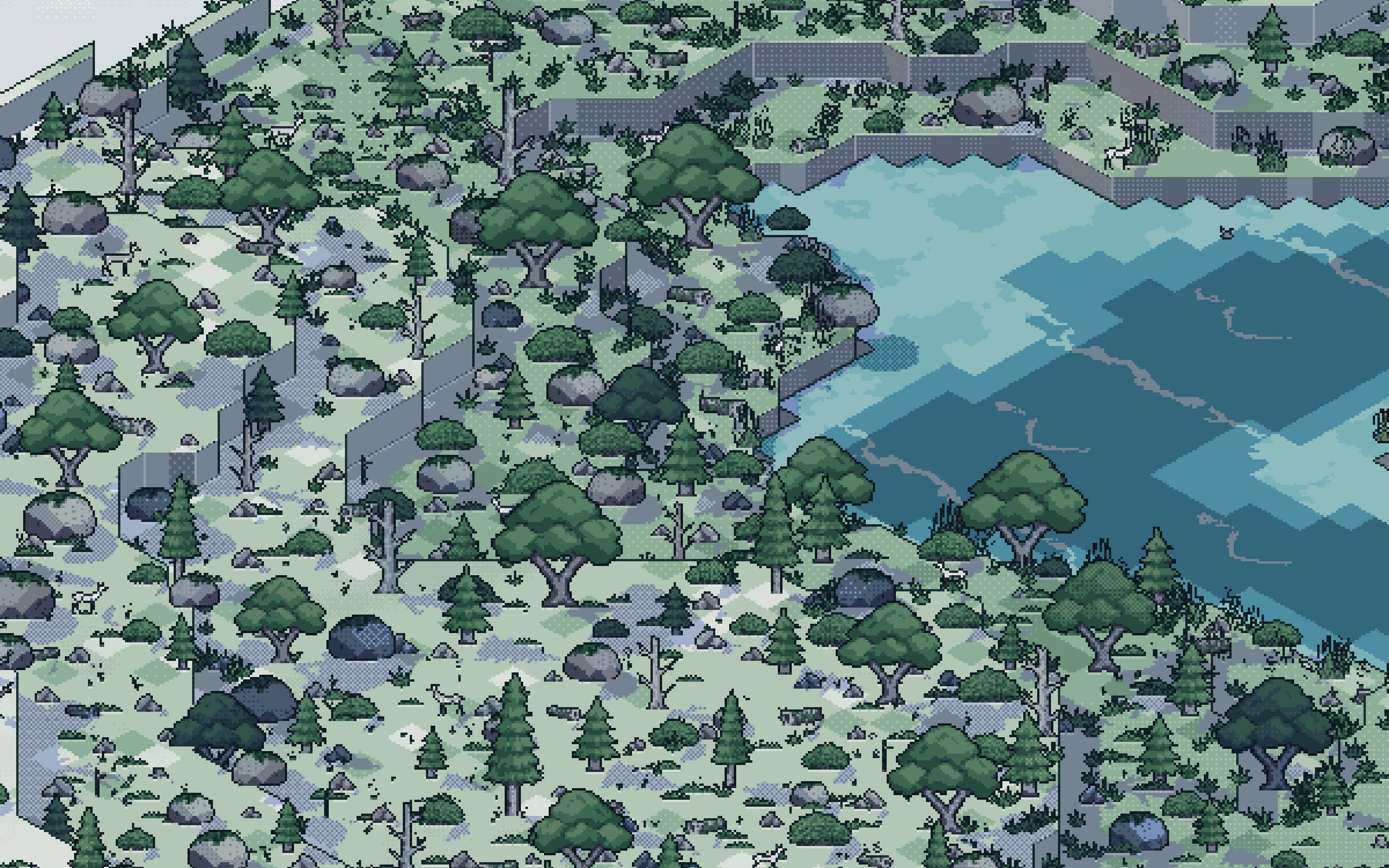 Contour — a generated pixel-art valley seen from a fixed high angle: terraced green shelves cut by grey cliffs, scattered conifers and broadleaf trees, a pale lake banded by depth, and a deer standing on the near shore
