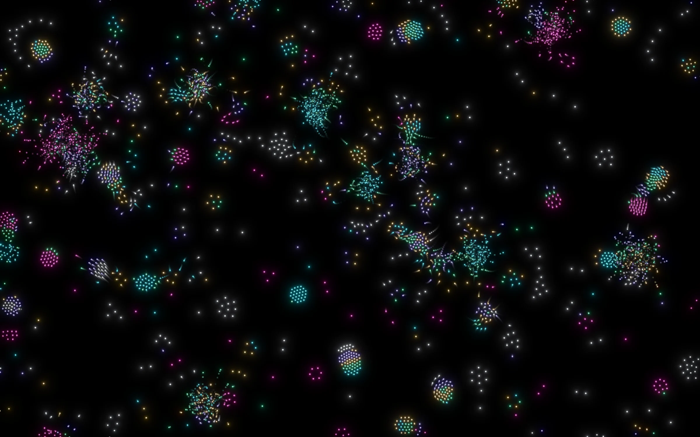 Culture — a black field scattered with glowing particle colonies: dotted rings, magenta discs with pale cores, cyan membranes wrapped around bright nuclei