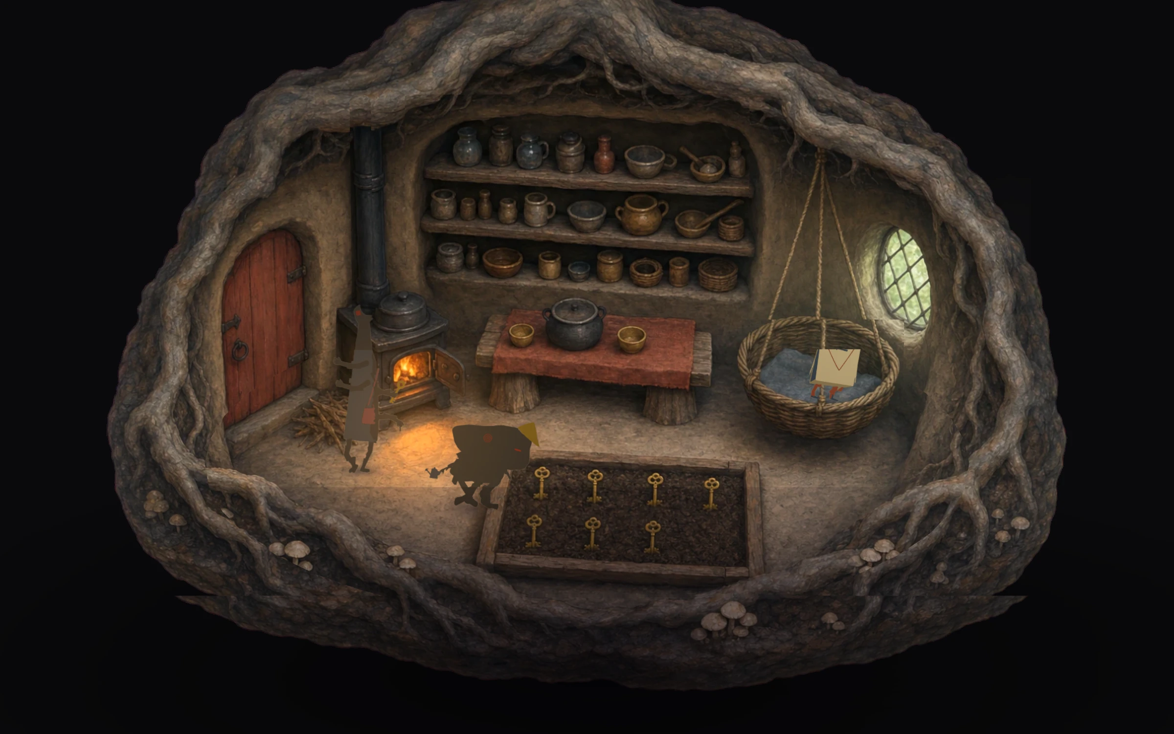 Cutaway — a burrow kitchen hollowed out under tree roots, seen from one fixed high angle: a lit iron stove, shelves of pots, a low table with a cooking pot, a hanging basket cradle, and a bed of sprouting brass keys