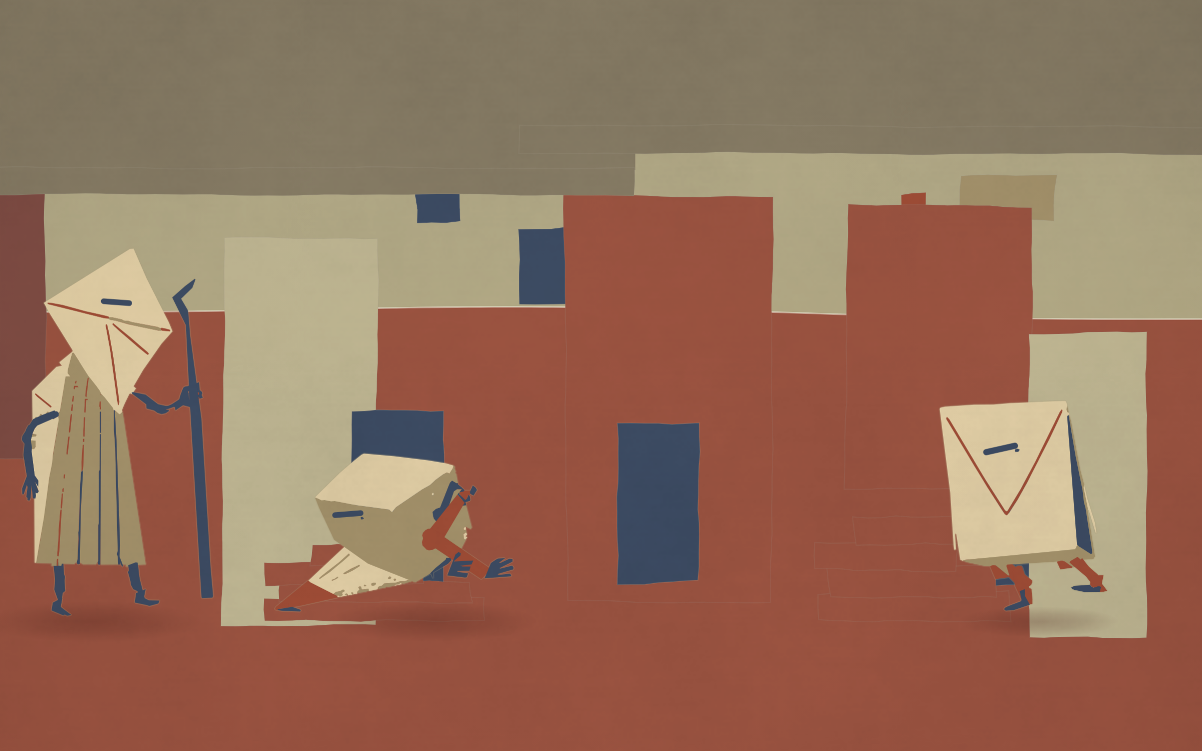Gluty — three folded paper creatures in a brick corridor: one with a staff, one crawling on its hands, one shaped like an envelope