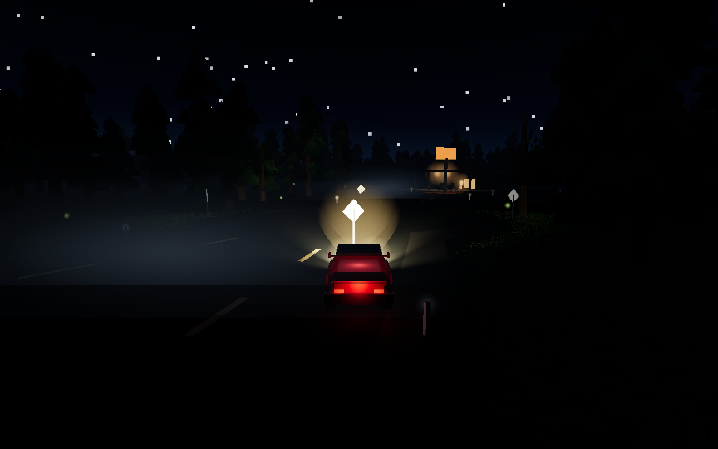 Low Beams — a low-poly car's headlights carving a forest road out of the night