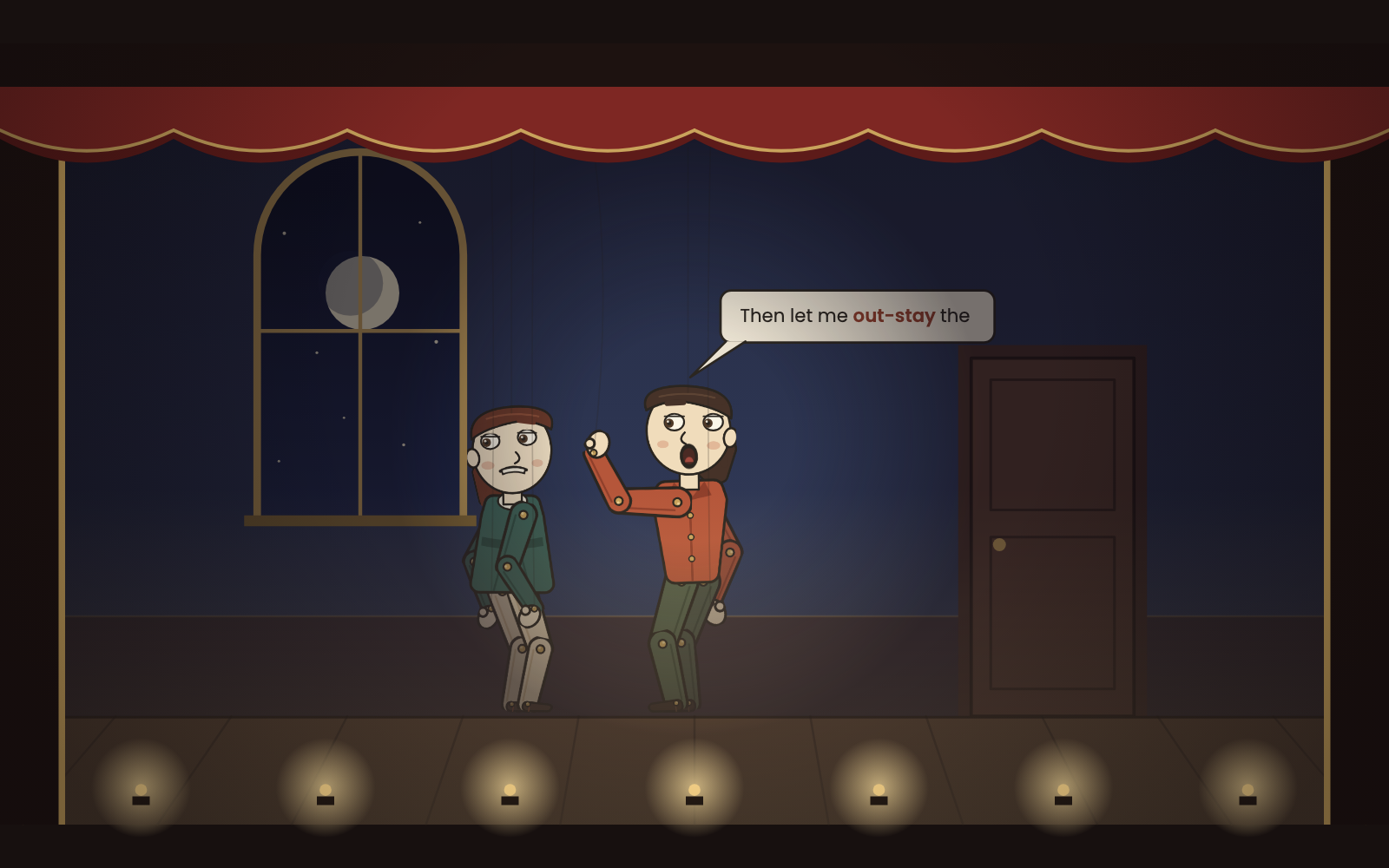 Puppet Theater — two paper marionettes playing a scene under a spotlight