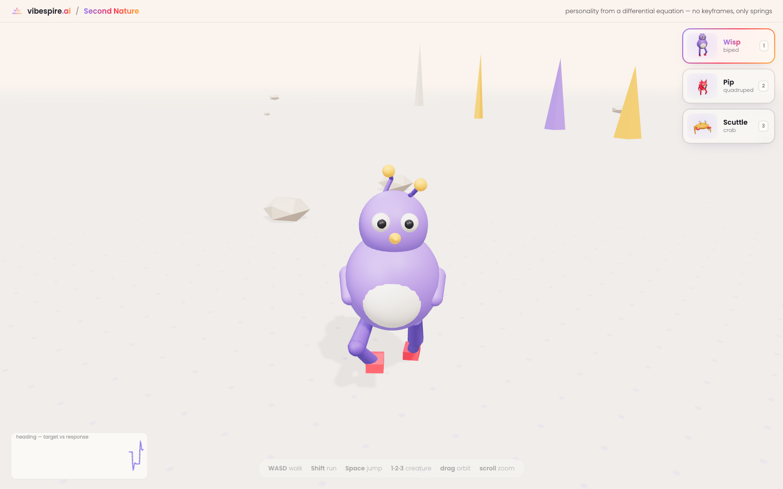 Second Nature — a springy procedural creature mid-turn with its tuning panel